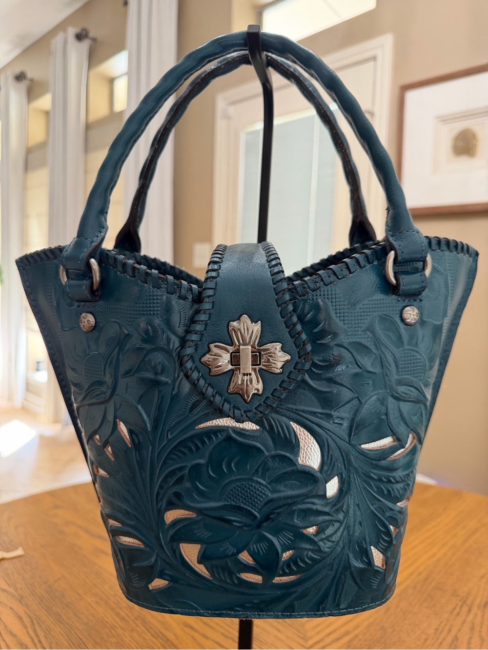 RARE Patricia Nash Blue Coral Hand tooled Leather Satchel Shoulder Bag